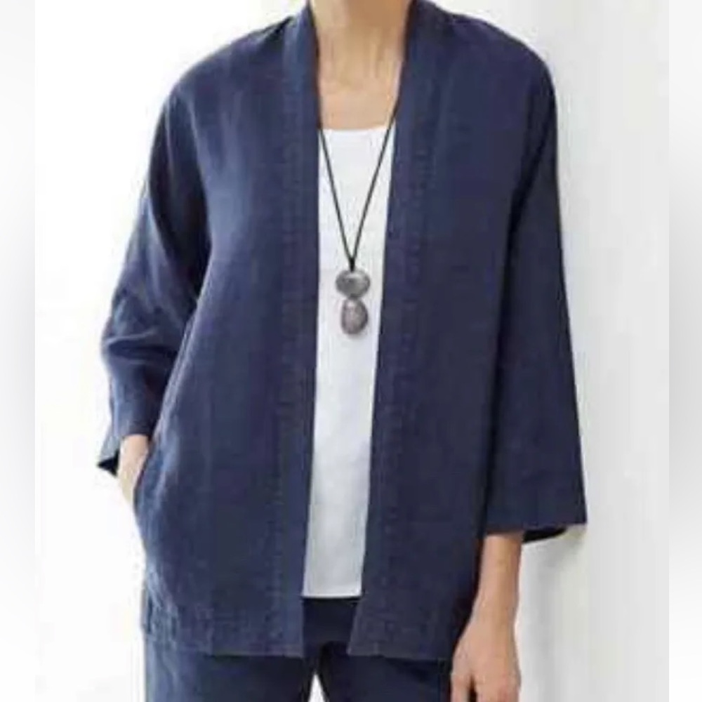 J. Jill Pure Linen Open Front Jacket in Dark Slate Blue/Gray, Size M